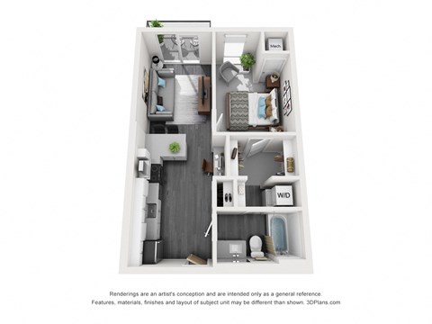 Floor plan for 1 bed, 1 bath, 612 sqft